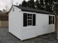 Pine Creek 10x14 HD Peak with White walls, White trim and Black shutters, and Charcoal shingles