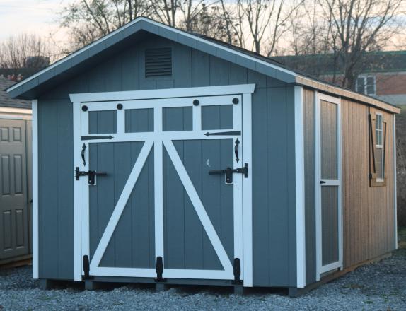 Pine Creek 10x16 HD Peak Front with Dark Gray walls, White trim and Black Z-Style shutters, and Charcoal shingles