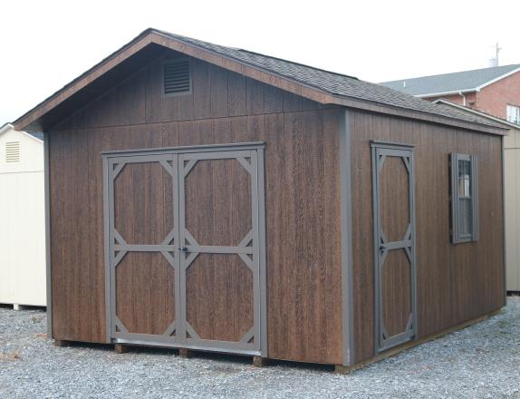 Pine Creek 12x16 HD Peak Front with Coffee Polyurethane walls, Bronze trim and Bronze shutters, and Rustic Slate shingles