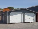 24x28 Two-Car Modular Garage With Dark Grey LP Smart Side, White Trim, White Garage Doors, and Black Shutters